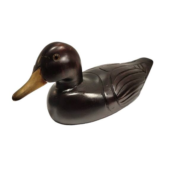 Vintage Mallard Duck Decoy Wood Glass Eyes Brown Traditional Home Decor 15.5" - Picture 1 of 11